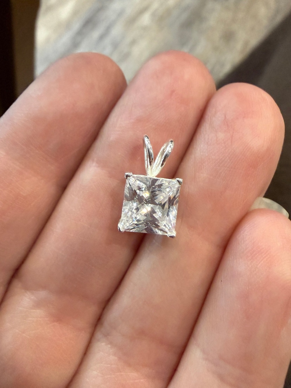 Classic Square-Cut White Stone Pendant in Silver Setting